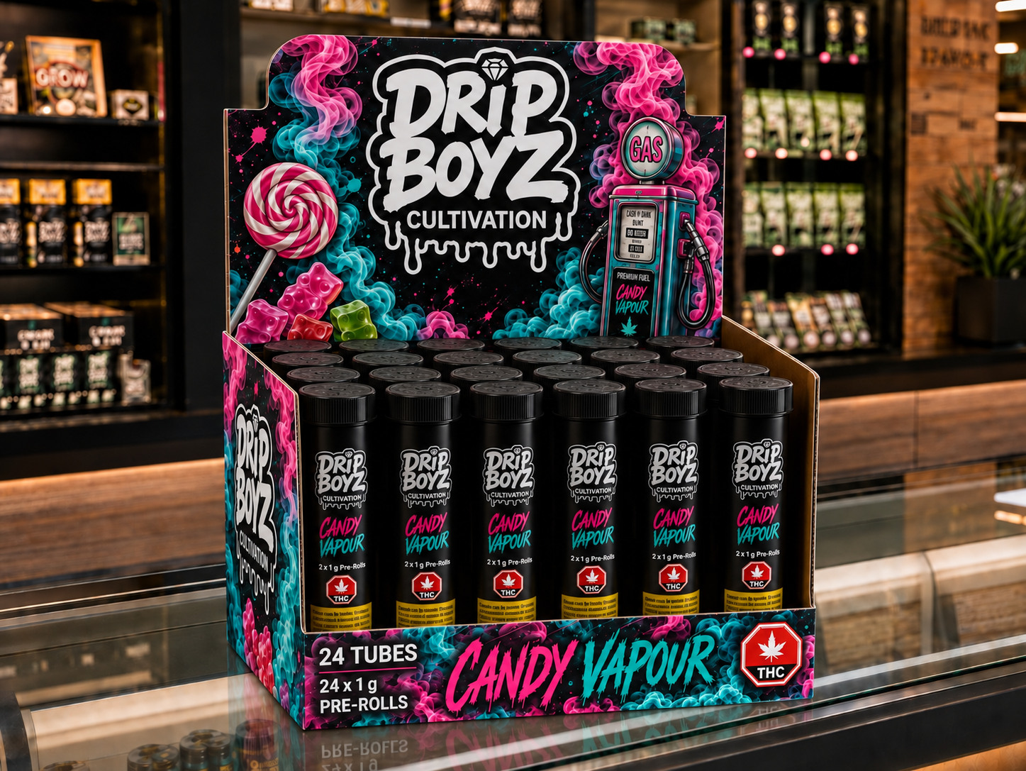 Drip Boyz Cultivation Candy Vapour 24-tube pre-roll retail display