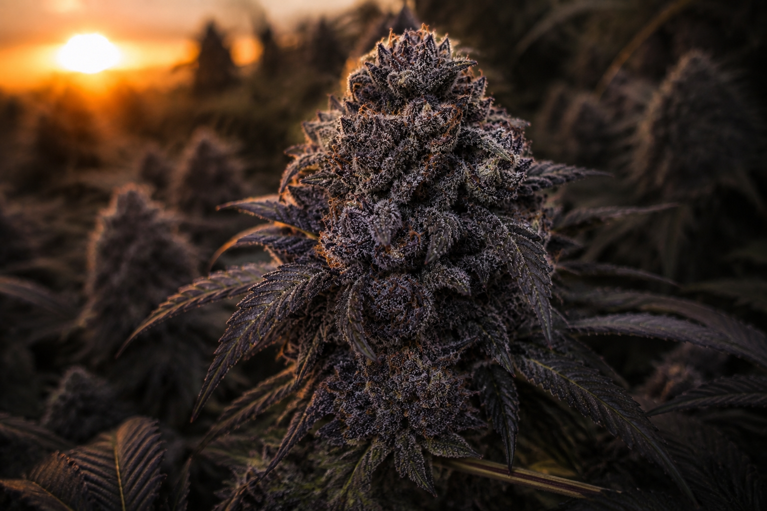Close-up of a mature cannabis flower at sunset